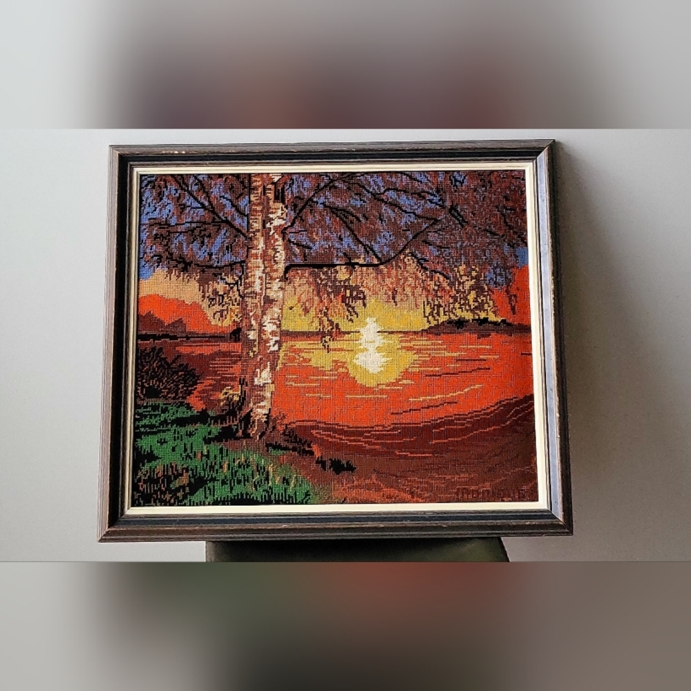Vibrant Sunset Needlepoint Art with Birch Tree. Sugned Monique 27 X 23 Inches